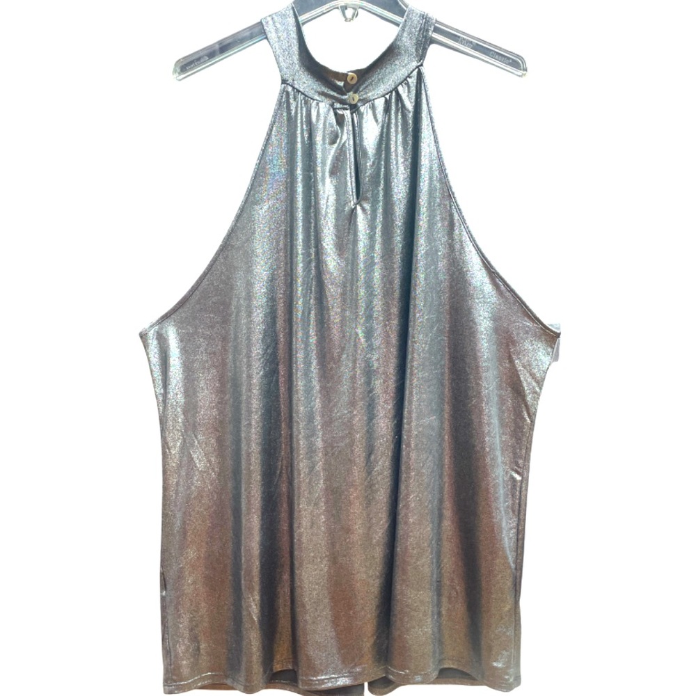 Kim & Cami Silver Metallic Halter Criss Cross Neck Top Sz 3X - Picture 2 of 7